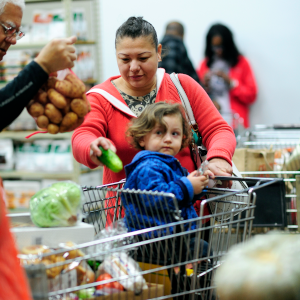 300 x 300 woman with son in grocery basket