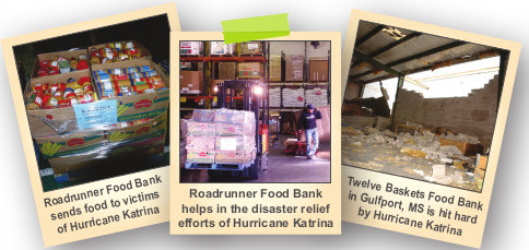 Photo of food banks responding to the disaster and other photos showing the damage the storm cause to the food bank