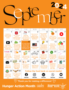 The calendar features daily ideas and actions to take during Hunger Action Month.